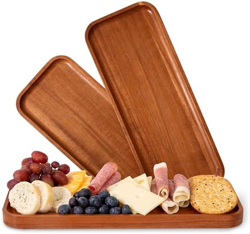 Solid Acacia Wood Serving Trays (14 x 5.5 inches) Rectangular Wooden Large Serving Platters for Food, Wooden Platter for Charcuterie, Appetizer Serving Tray, Wood Cheese Board (Set of 3 Plates)