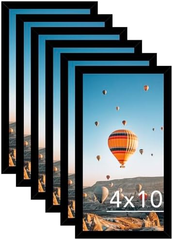 JCJMY 4x10 Picture Frame Set of 6 Black for Wall Hanging or Tabletop, Wall Mounting Horizontally or Vertically, 4 x 10 Wall Gallery Poster Photo Frame with Shatter Resistant Plexiglass, 6 Pack, Black