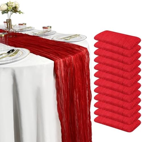 12 Pack Red Cheesecloth Table Runner Set – 10FT x 12pcs Gauze Boho Table Runners for Wedding Party Bridal Shower Baby Shower Dinner Holiday Rustic Decorations