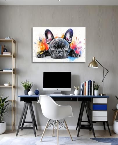 Large French Bulldog Canvas Art Wall Decor Framed Watercolor Bulldog Picture Pet Dog Painting Modern Graffiti Artwork for Living Room Home Office Bathroom Ready to Hang - 28.00"x42.00"
