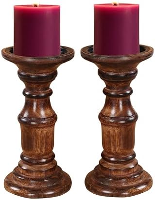 Candle Holders Set of 2 (6" Height)_Burnt Finish,Pillar Candle Holder in Mango Real Wood,Decorative Candle Holders for Table Centerpiece, Wedding, Party, Home Décor, Spa, Farmhouse, Gifting