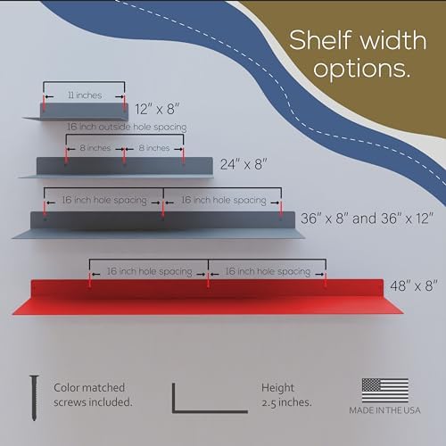 48x8 in Metal Floating Shelf Red Wall Mounted - Made in The USA - Bedroom, Living Room, Bathroom, Kitchen