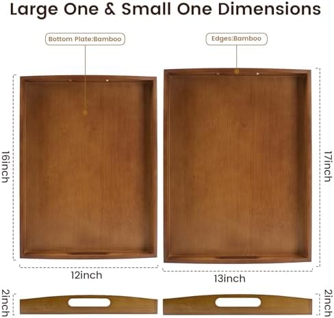 GOLD HONEY Bamboo Serving Tray with Handles, Wooden Serving Tray Set of 2