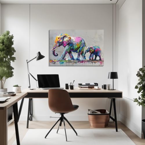 Large Elephant Canvas Wall Art Elephant with Cub Picture Graffiti Painting Animal Prints Gray Posters Modern Artwork for Living Room Bedroom Bathroom Home Wall Decor Framed(Elephant-15,28.00"x42.00")
