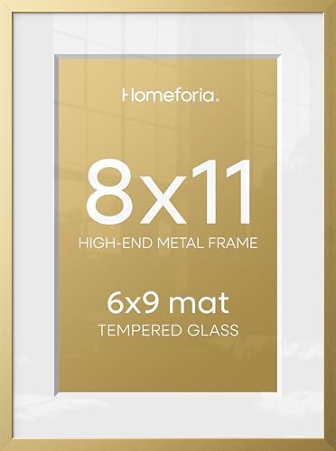 Homeforia 8x11 Gold Picture Frame, High-End Metal, 6x9 Mat, Glass