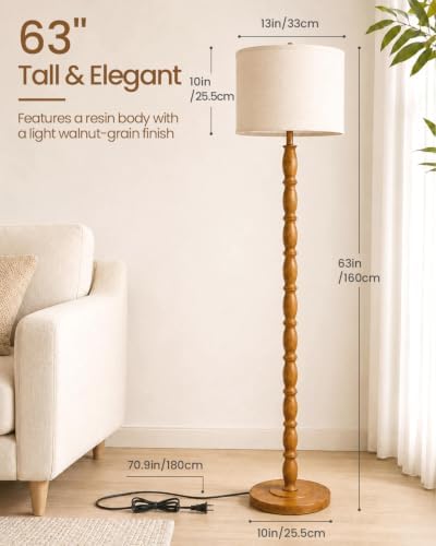 KIZON 63" Vintage Floor Lamp, Resin Farmhouse Standing Light