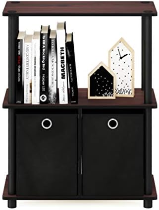 Furinno TURN-N-TUBE Storage Shelves Set of 2, 3-Tier Toolless Book Shelf with Storage Bins, Display Shelf, for Organization and Storage, Living Room, Garage, Home Office, Dark Cherry