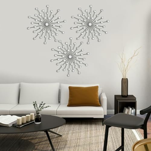 ZEXUIRU 3 Set Black Starburst Wall Art for Home Decor Metal Bling Crystal Rhinestones Sunburst Wall Decor Sparkling Rhinestone Art Accent Black - 13in