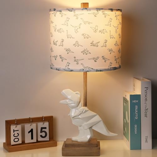 Hamucd Kids Dinosaur Table Lamp for Boys Girls Bedroom 23" Bedside Lamp for Children Gift Cute Small White Nightstand Lamp for Nursery(LED Bulb Included)