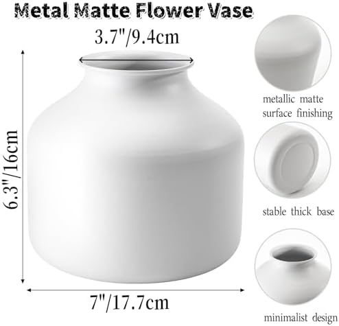 Goaste Metal Matte Flower Vase, White Vase for Flowers, 6.3 Inch Tall Iron Frosted Floral Arranging Vases, Nordic Style Round Boho Vases for Modern Minimalist Home Decor, Wedding, Bookshelf