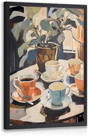 Cyebmo Retro Coffee Wall Art, Coffee Cup Plant Wall Decor, Watercolor Cafe Canvas Painting, Minimalist Vintage Travel Food Poster Print for Home Office Cafe Bar Living Room Wood Framed 16x24 Inch