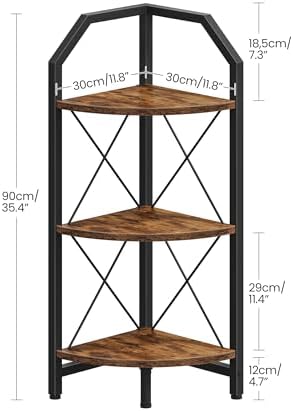 CHOEZON 3-Tier Corner Shelf, Industrial Corner Bookshelf, 35.4" Storage Stand, Plant Stand Display Shelf, Bookcase for Bedroom, Living Room, Home Office, Rustic Brown and Black TCJ03BF