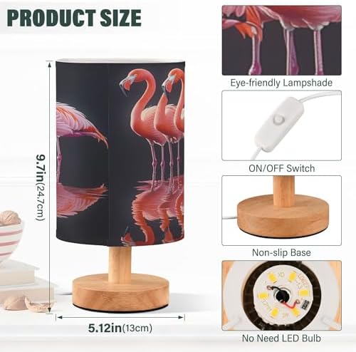 Pretty Flamingo Lining Up Table Lamp with Wood Base Fabric Lamp Shade Bedside Nightstand Desk Lamp for Living Room Bedroom Kids Room Office