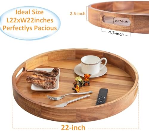 Wooden Serving Tray with Handles 22 Inch Extra Large Round Ottoman Tray Acacia Large Wood Trays for Ottoman Coffee Table Tray Decorative Trays for Living Room Wooden Trays for Food