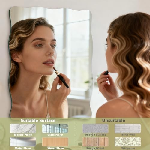 16x20 inch Decorative Scalloped Rectangular Mirror for Wall Decor | High Clear Glass Wavy Mirror with Double-Sided Taps, Frameless Squiggle Mirror for Bathroom, Bedroom, Living Room, Entryway