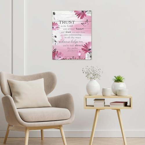 LB Pink Floral Bible Verse Wall Art for Bathroom Daisy and Butterfly Canvas Wall Art Wall Paintings Home Decor Rustic Vintage Wall Pictures for Living Room Bedroom Office Ready To Hang, 8x10 Inch