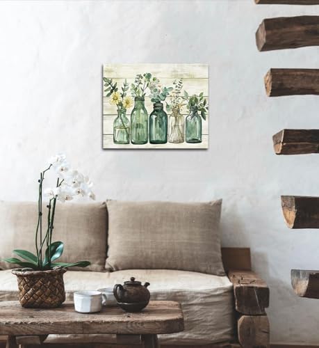 Yaoliyu Rustic Bathroom Decor Eucalyptus Flower Canvas Wall Art Green Botanical Prints Plant Floral Glass Vase Painting Bathroom Picture Wall Decor Farmhouse Artwork 16x20inch