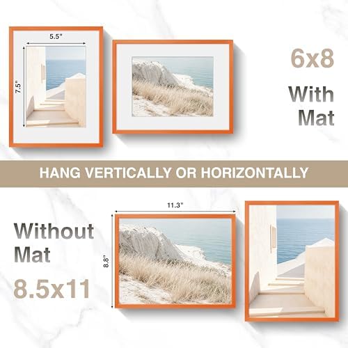 Fun Memories 8.5x11 Metal Picture Frame- 8.5x11 Aluminum Photo Frames with 6x8 Mat, High-Definition Plexiglass Front, and Hanging Hardware - Ideal for Wall or Tabletop Display (Orange, Pack of 1)
