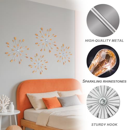 ZEXUIRU 4 Set Silver Starburst Wall Art for Home Decor Metal Bling Crystal Rhinestones Sunburst Wall Decor Sparkling Rhinestone Art Accent -Orange 13in/11.8in/9.8in/9.8in