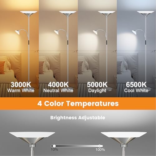 SIBRILLE Metallic Sliver Torchiere Floor Lamp, 2 Way 72'' Dimmable LED Standing lamp with Rmote, Multi Color Temps, 34W Tall Light with Independent Control for Living Room Bedroom Office Reading ﻿