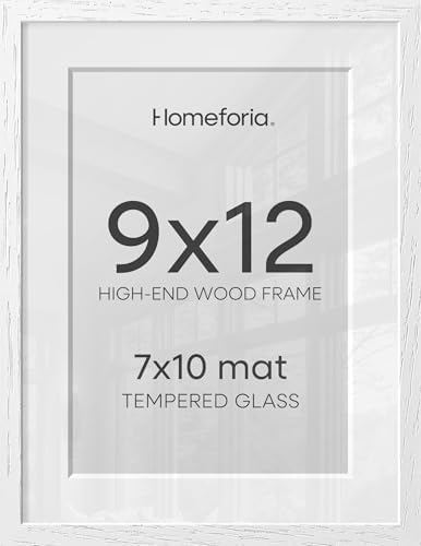 Homeforia 9x12 White Oak Picture Frame, High-End Wood, 7x10 Mat, Glass