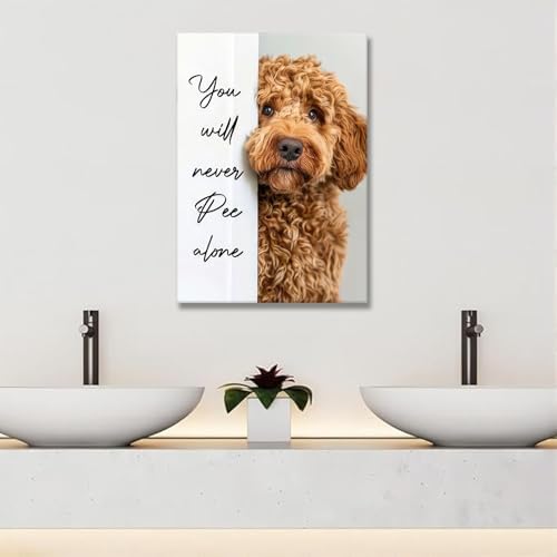 Funny Dog Bathroom Canvas Wall Art Cute Animal Humorous Goldendoodle Painting Pictures Restroom Wall Decor You Will Never Pee Alone Poster Print Artwork for Toilet Nursery Decor 16x24in