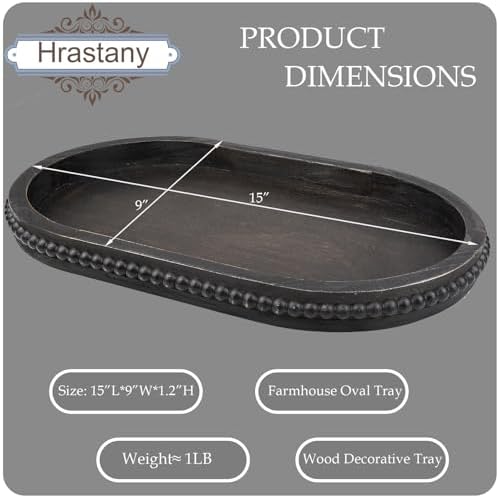 Hrastany Vintage Black Oval Wood Decorative Ottoman Tray for Coffee Table