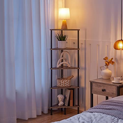 HOOBRO Corner Shelf Stand, Industrial 5-Tier Corner Bookshelf with Metal Frame, Corner Shelf Stand Display Plant Flower, Corner Bookcase for Small Spaces, Living Room, Greige and Black BG33CJ01