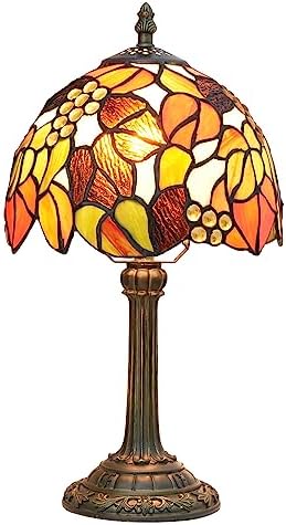 Tiffany Stained Glass Table Lamp Orange Grape Bedroom Bedside Reading Desk Light for Office Dormitory Bar Decorate Retro Style Unique Cute Accent Decor Cottage 8" Village Nightstand Lamps