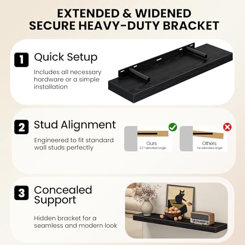 36 Inch Floating Shelves for Wall, Rustic Wood Wall Mounted Deep Storage Shelves with Invisible Brackets, Large Decorative Display Ledge for Living Room Bedroom Bathroom and Kitchen, Set of 2, Black