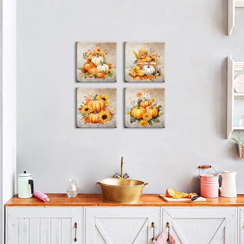 Pumpkin Canvas Wall Art Kitchen Wall Decor Rustic Sunflower Pictures Bedroom Artwork Autumn Themed Fall Festival Harvest Painting for Living Room Dinner Halloween Party Home Decorations 16x16" 4 Pcs