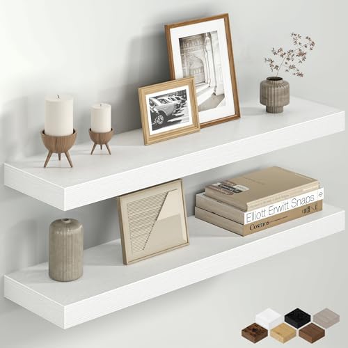 30 Inch Floating Shelves for Wall, Rustic Wood Wall Mounted Deep Storage Shelves with Invisible Brackets, Large Decorative Display Ledge for Living Room Bathroom and Kitchen, Set of 2, White