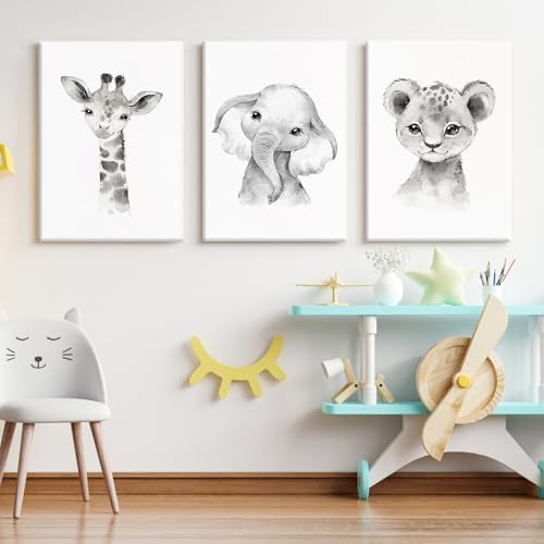 Safari Nursery Wall Art Decor Baby Animal Canvas Wall Art Baby Room Nursery Pictures Kids Artwork Safari Jungle Animal Prints Giraffe Elephant Tiger Painting for Bedroom 16x24x3 Inch Wrapped Canvas