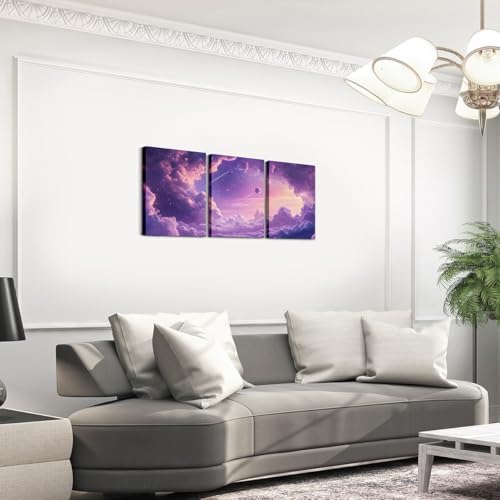 Feelyou Purple Galaxy 3 Piece Canvas Wall Art for Living Room Bedroom Starry Galaxy Wall Art for Home Decor 3D Printed Space Office Decor Artwork Dreamy Nebula Picture Painting Posters