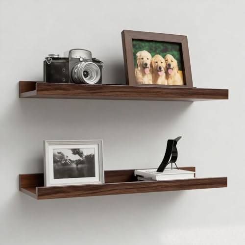 Boswillon Floating Shelves Set of 2, Small Wall Shelf with Lip, 16in, Walnu