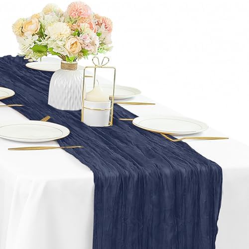 Navy Blue 10FT Cheesecloth Table Runner Gauze Fabric Runner for Tables Boho Table Runner Decoration Rustic Sheer Runner for Wedding Birthday Baby Bridal Shower Party (35 x 120 Inches Long)