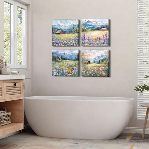 Colorful Flower Canvas Wall Art Nature Pictures Canvas Prints Country Mountain Landscape Poppy Daisy Wildflower Posters Abstract Barn Scenic Painting for Bedroom Living Room Home Decorations 16x16” 4P