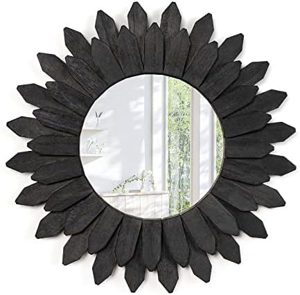 Emfogo Wall Mirror 12 inch Rustic Wood Sunburst Boho Mirror Farmhouse Wall Decor Room Decor Home Decor for Bedroom Living Room Entryway (Vintage Black)