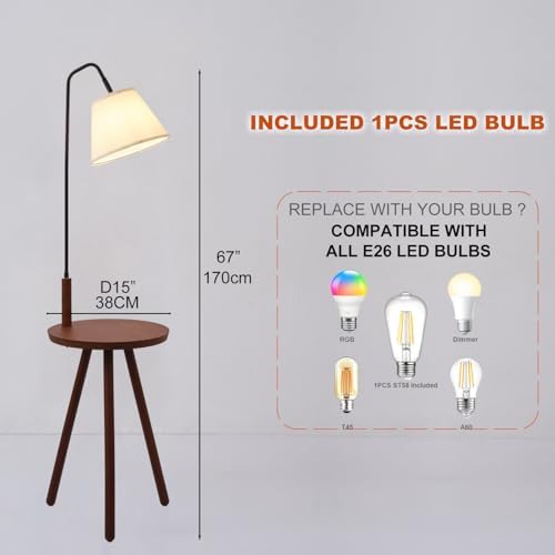 Fiqevs Wood Tripod Floor Lamp with Shelf & LED Bulbs, Mid-Century Modern Standing Lamp with Wooden Shelf & Linen Shade for Living Room, Bedroom, Office