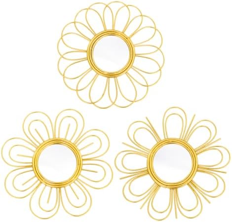 Gold Mirrors 3 Piece, 9 inch Flower-Indoor Shaped Mirror Hanging Wall Decor | Indoor Decorative Mirror Wall Art,Round Mirrors for Bedroom Wall Hanging,Living Room,Bathroom,House Warming Festival Gifts