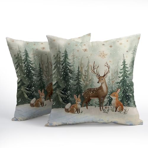 Xmas Reindeer Throw Pillow Cover 22x22 Inch Set of 2 Winter Trees Snowflake Holiday Animals Pillowcase Christma Deer Farmhouse Cushion Case for Home Sofa Couch Decor