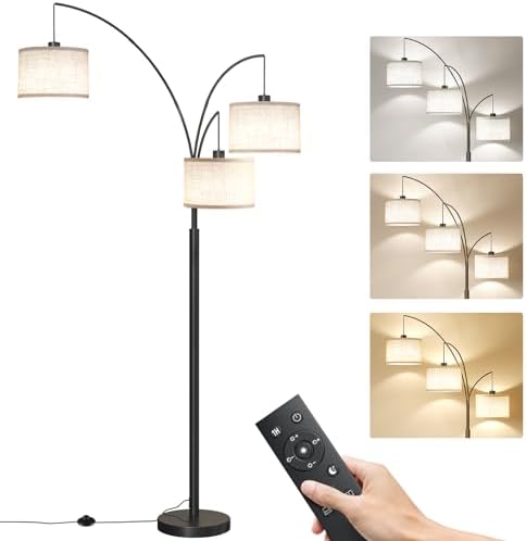SUNMORY 3 Lights Floor Lamp with Remote Control and 3 Stepless Dimmable Bulbs, 78" Tall Standing Lamp with Hanging Drum Shade & Heavy Base, Modern Arc Floor Lamps for Living Room, Bedroom, Office