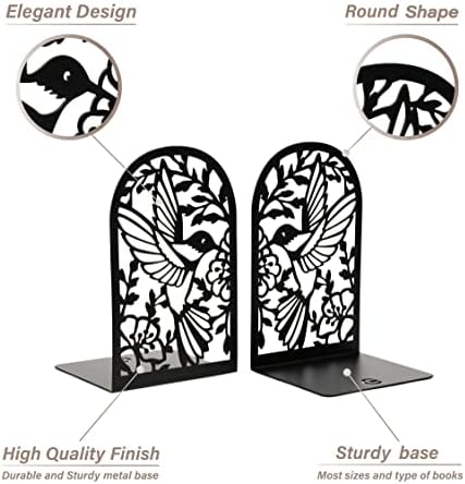 CNK Premium BookEnds - Heavy Duty Metal Book Stoppers for Home Office, Decorative Book Shelf Holders (Hummingbird Black)