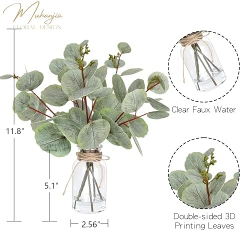 Muhanjia Artificial Eucalyptus Stems in Glass Vase with Faux Water,5Pcs Fake Plant with Double-Sided Leaves and Green Seeds for Centerpiece (Double-Sided Green Eucalyptus with Seed)
