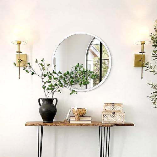 JJUUYOU Round Wall Mirror 16 Inch Circle Wall Mirror for Bathroom, White Circular Mirror Washroom Wall Mounted Metal Frame Mirror for Living Room, Bedroom, Dorm