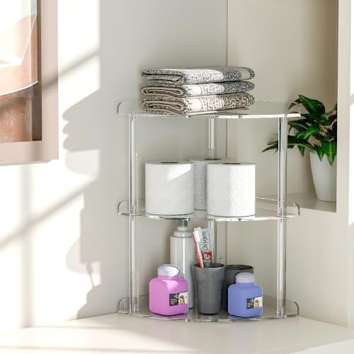 Sezanrpt 3 Tier Acrylic Corner Shelf Organizer Storage 9.5x9.5x15.7 Inch, Transparent Countertop Corner Shelf for Bathroom, Kitchen, Bedroom, Office, Study Room