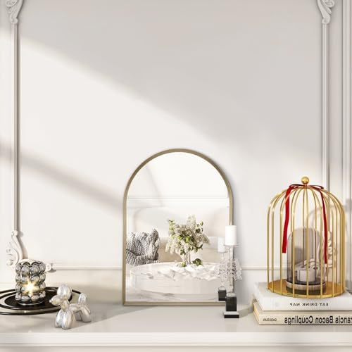 Bathroom Arched Wall Mirror Brushed Metal Vanity Wall Mounted Mirror for LivingRoom Bedroom Entryway Room Vanity Home Decor 16"x12"
