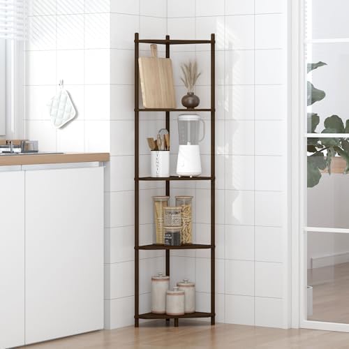 Wisuce Brown Tall Corner Shelf Stand, 5-Tier Bamboo Corner Bookshelf