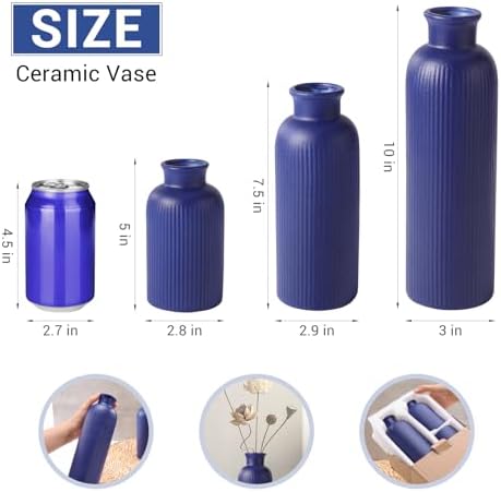 Small Navy Blue Ceramic Vase Set of 3, Boho Modern Navy Blue Flower Vase Room Decor, Farmhouse Decor, Vases for Your Kitchen, Bathroom, Bedroom, Living Room, Office&Shelf Centerpiece Table Decorations