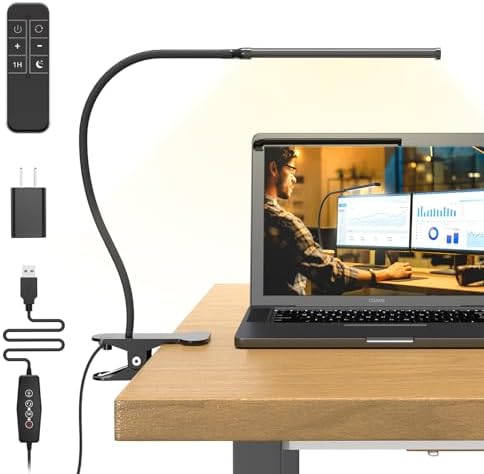 Mojimdo Desk Lamp with Remote, 3 Color & 5 Brightness & 77LED Dimmable Reading Lamp, 15.8'' Flexible Gooseneck Clamp Lamp, Eye-Caring Clip on Light with Adapter for Reading Study Workbench Drafting